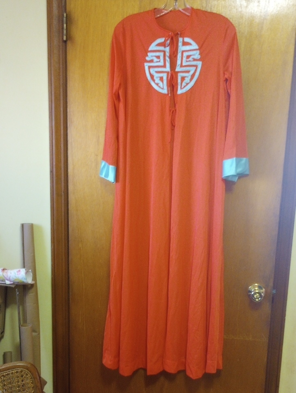 Orange/Red Colorful Vintage Nylon Full-Length Robe, Aqua Blue Asian Design, Med?